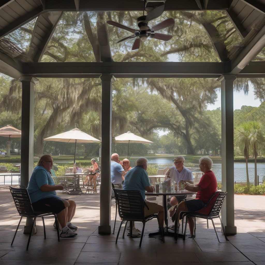 Orlando patio diners under shade structure during summer heat with Lake Eola neighborhood backdrop