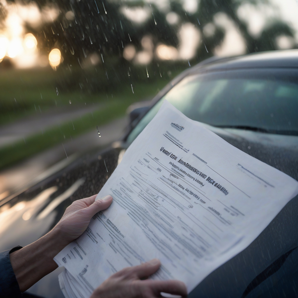 Car owner checking insurance documents and emergency kit for hurricane season preparation in Houston
