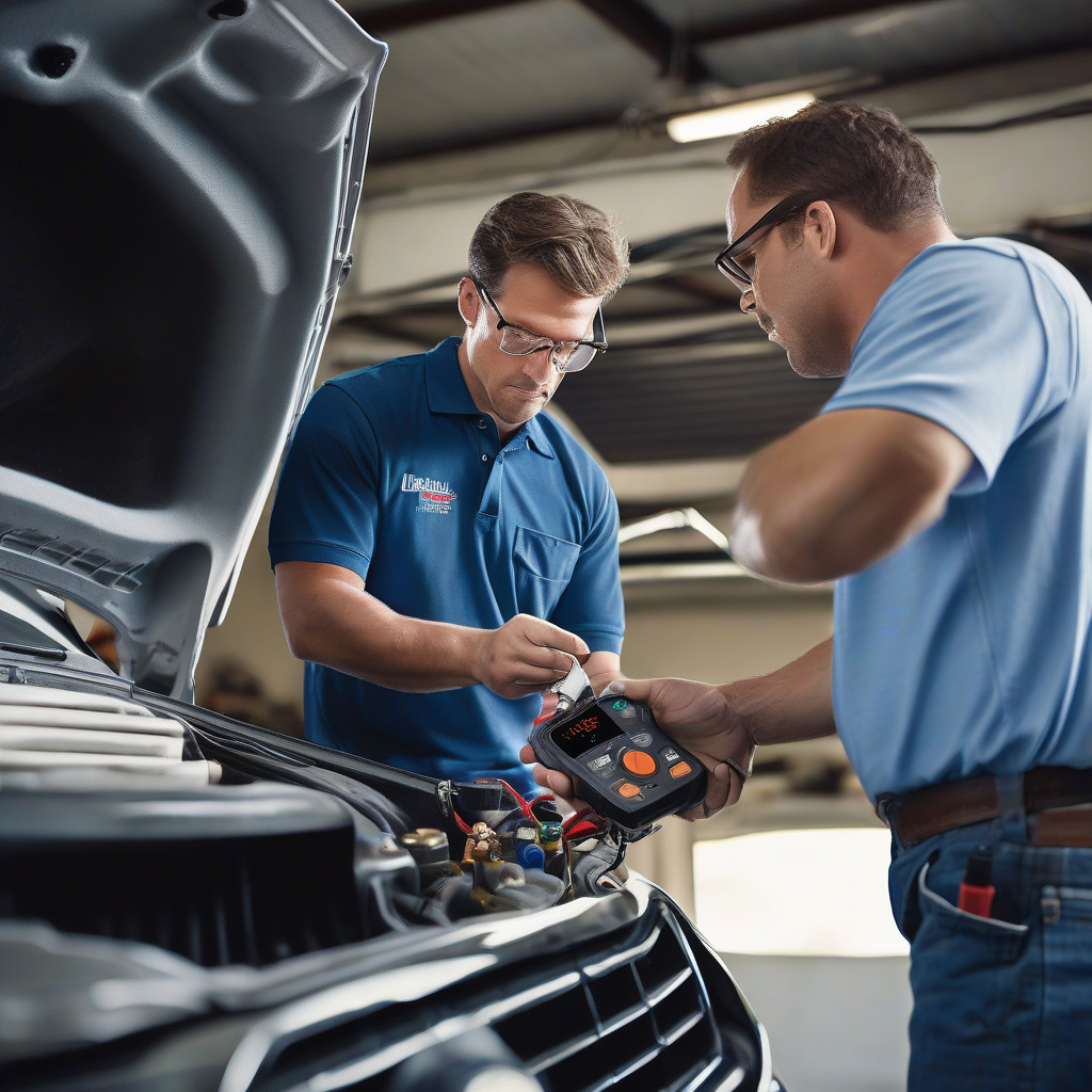 Auto repair technician diagnosing vehicle AC system at independent Orlando shop