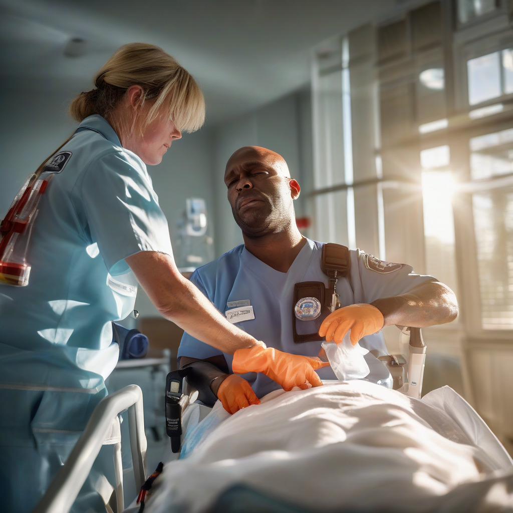 Paramedics applying ice packs to patient's neck during heat stroke emergency response in Orlando summer