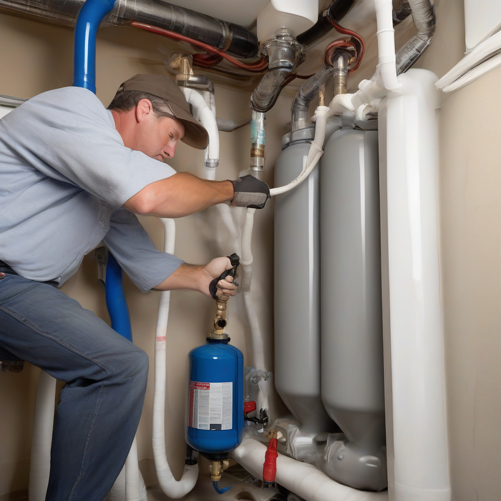 Iron filter installation system connected to home water supply line with backwash drain in utility room
