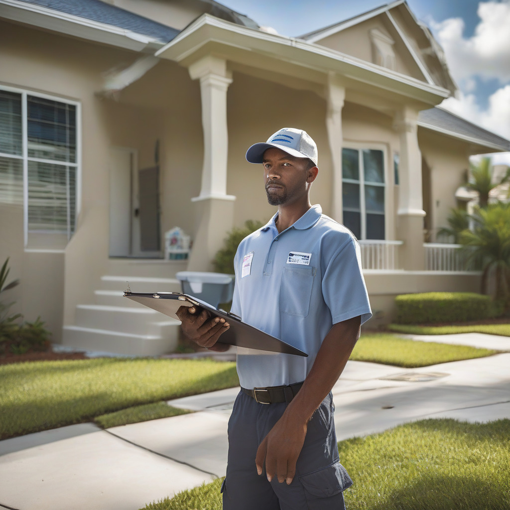 Door-to-door contractor with clipboard approaching suburban Orlando home after storm damage