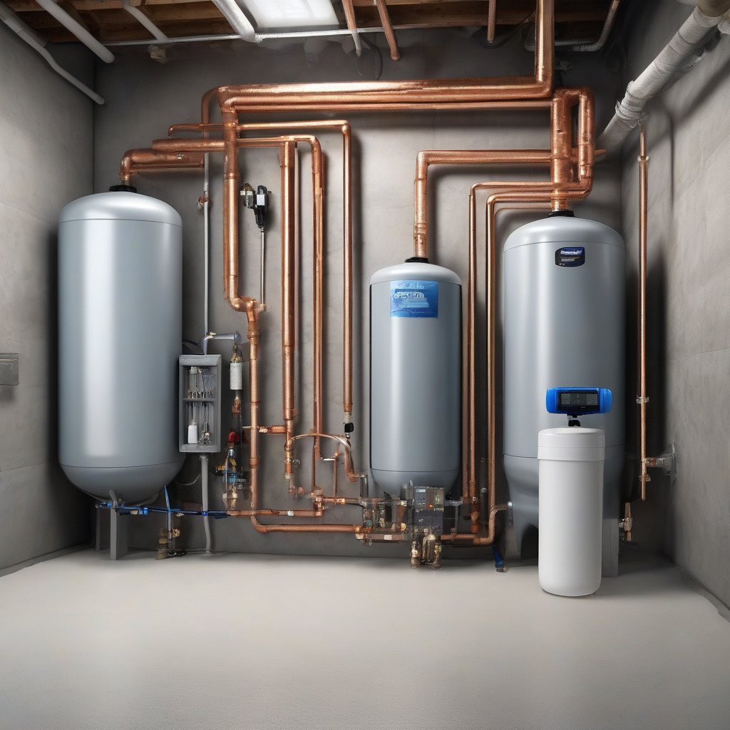 Whole house water filtration system installed in Orlando residential home basement with softener and filter tanks
