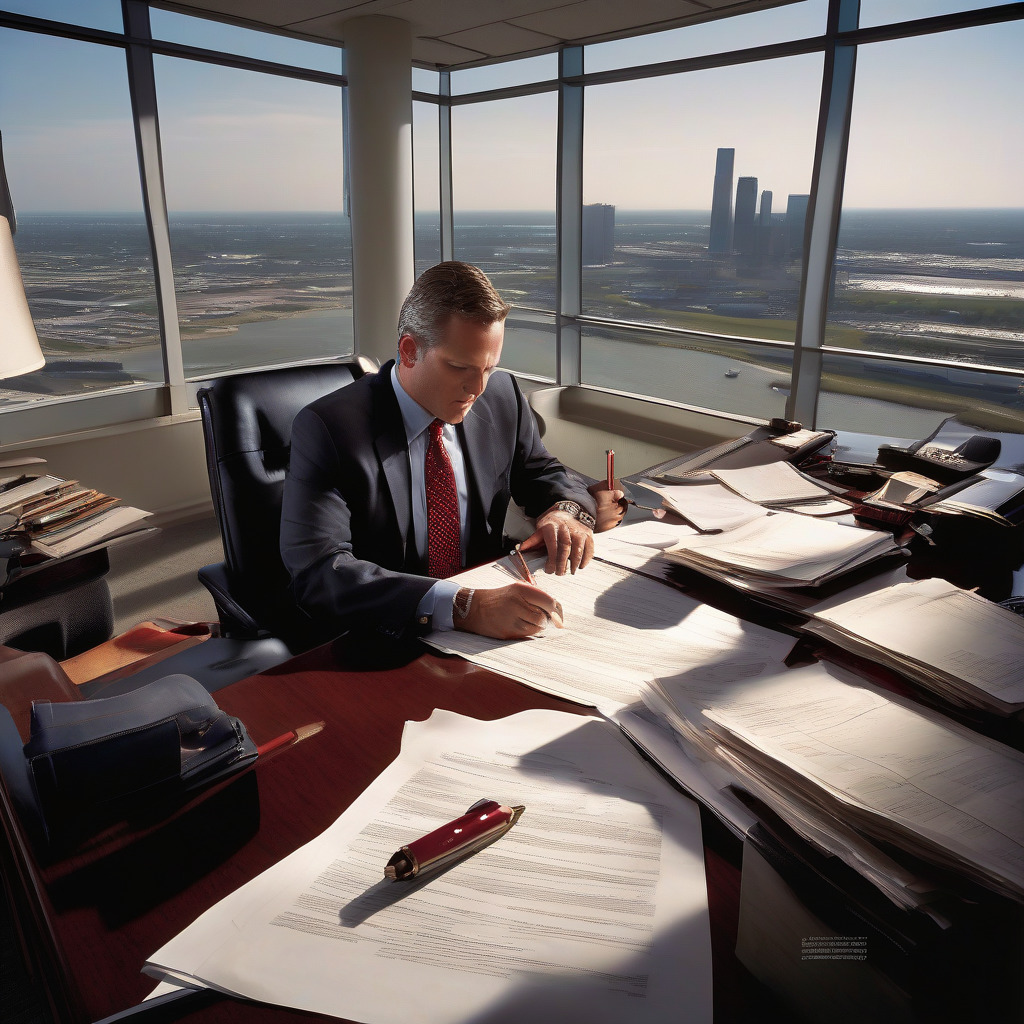 Houston business attorney reviewing commercial contract documents with client in office