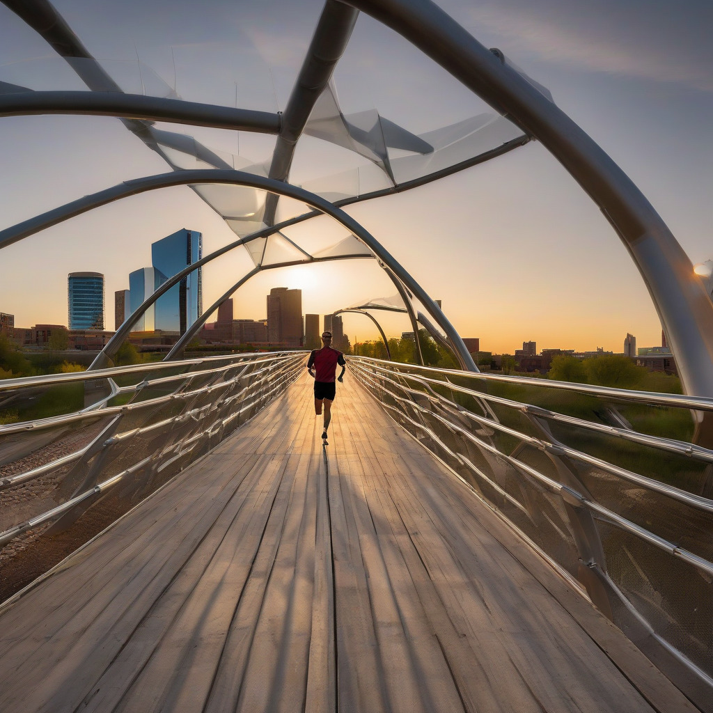 Runner training on Cherry Creek Trail paved surface with dense cottonwood shade and creek corridor, Denver