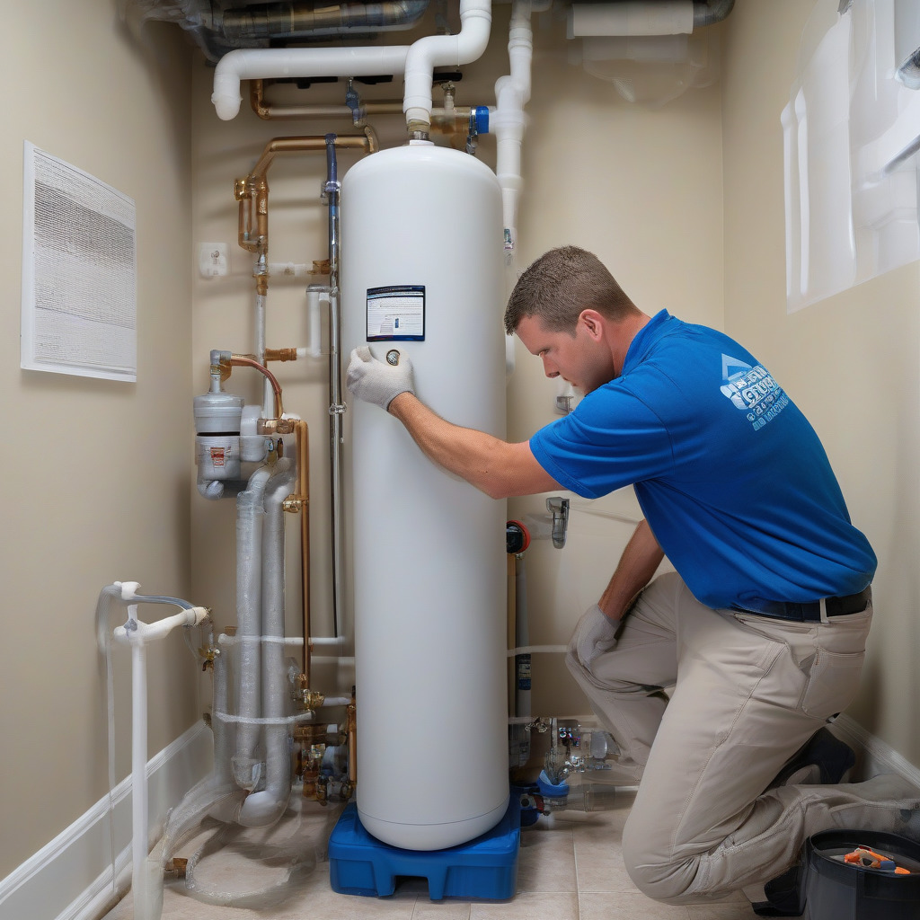 Water treatment supplier equipment showing salt-based softener and brine tank installation in Orlando home