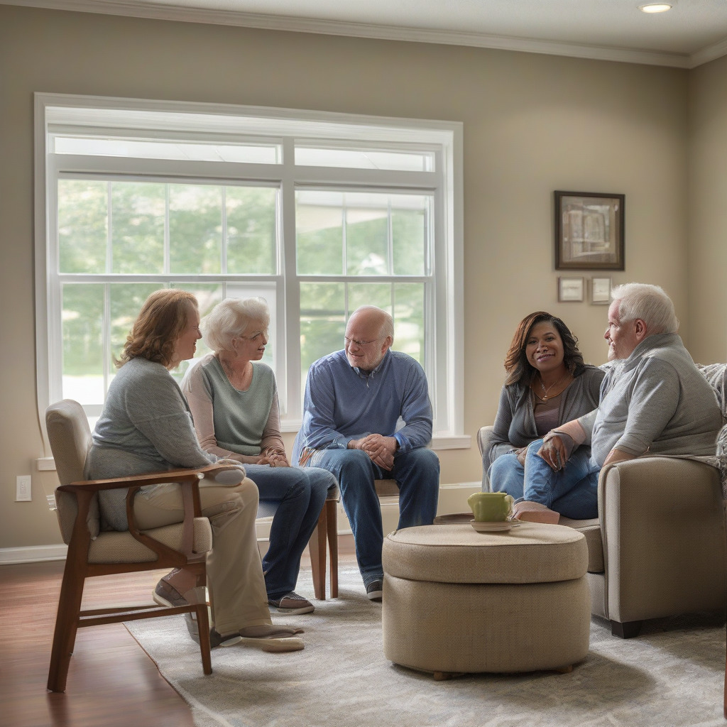 Sober living home residents discussing recovery support in a structured community setting