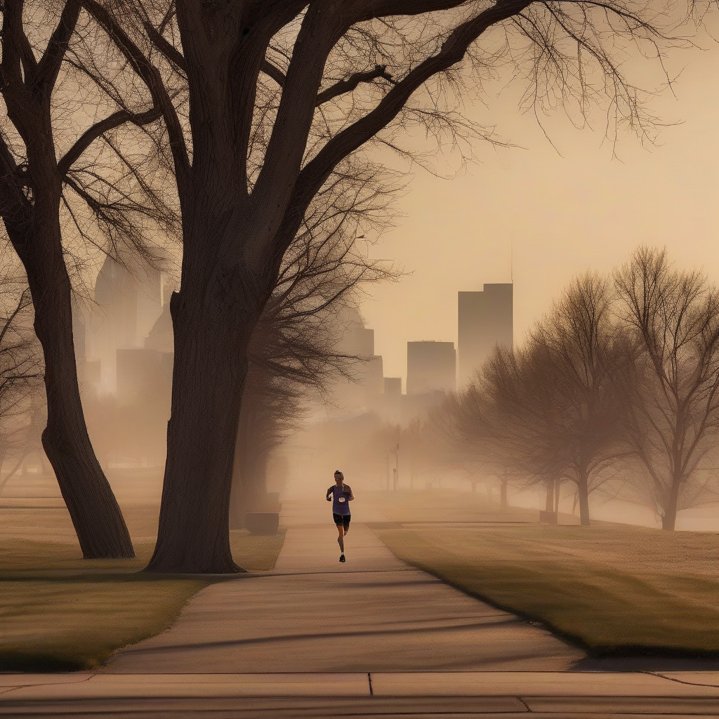 Denver runner on morning trail with Rocky Mountains visible under clear sky during ozone season