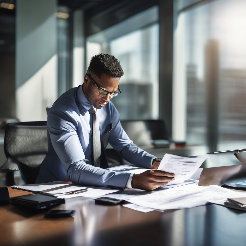 Indianapolis business owner reviewing SBA loan documents with financial advisor at desk