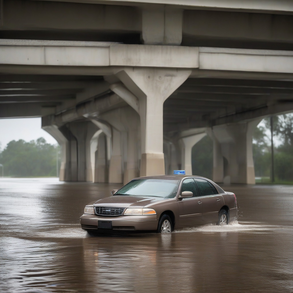 Car partially submerged in murky floodwater on an Orlando road during heavy rain