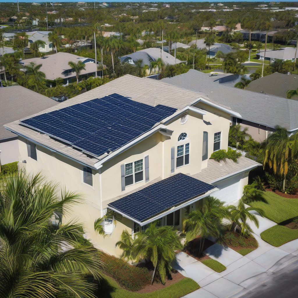 Solar panels on south-facing residential roof with OUC power line connection in Orlando Florida
